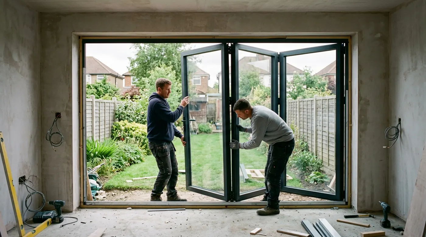 Two fitters installing aluminium bifold doors into a newly built kitchen extension