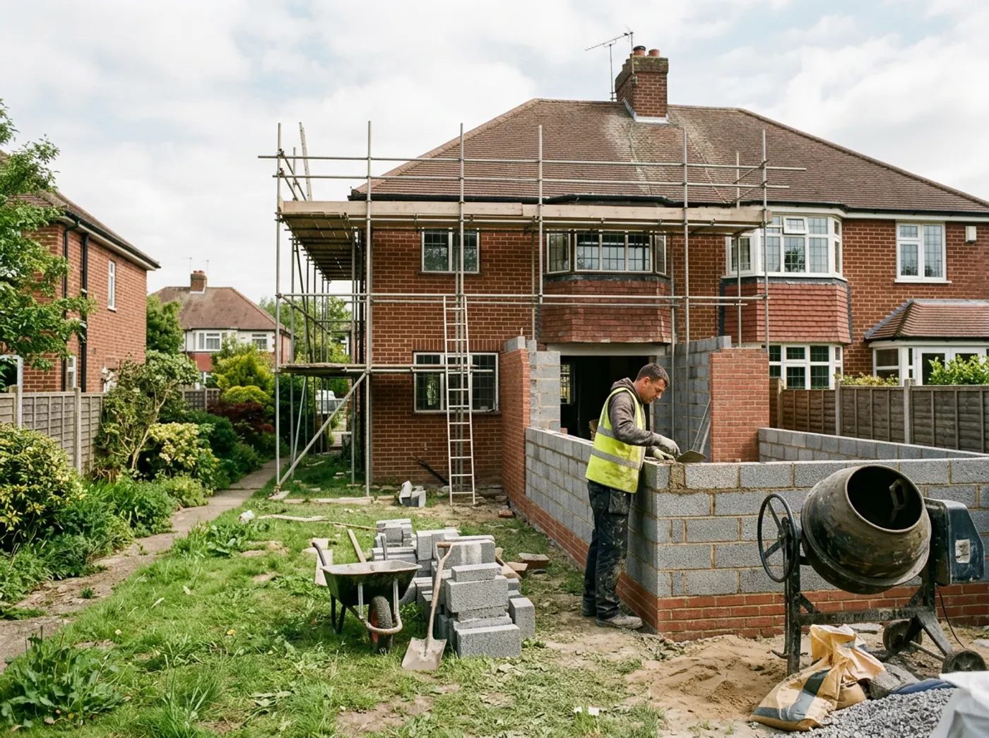 Bricklayer laying blockwork on a single-storey rear extension of a red-brick semi-detached house, with scaffolding on the rear elevation
