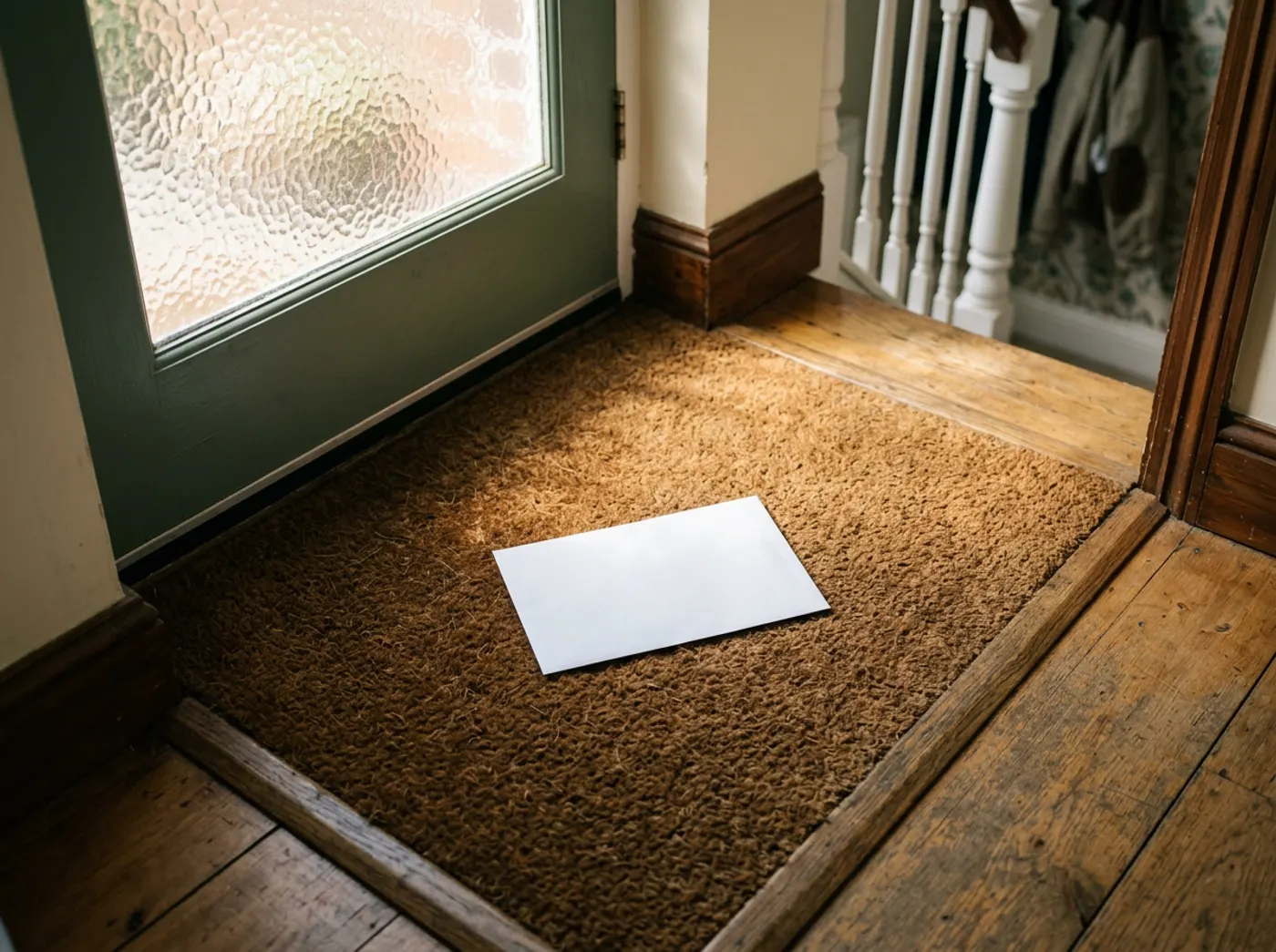 A plain white envelope on a coir doormat inside a front door, lit by morning light through the glass