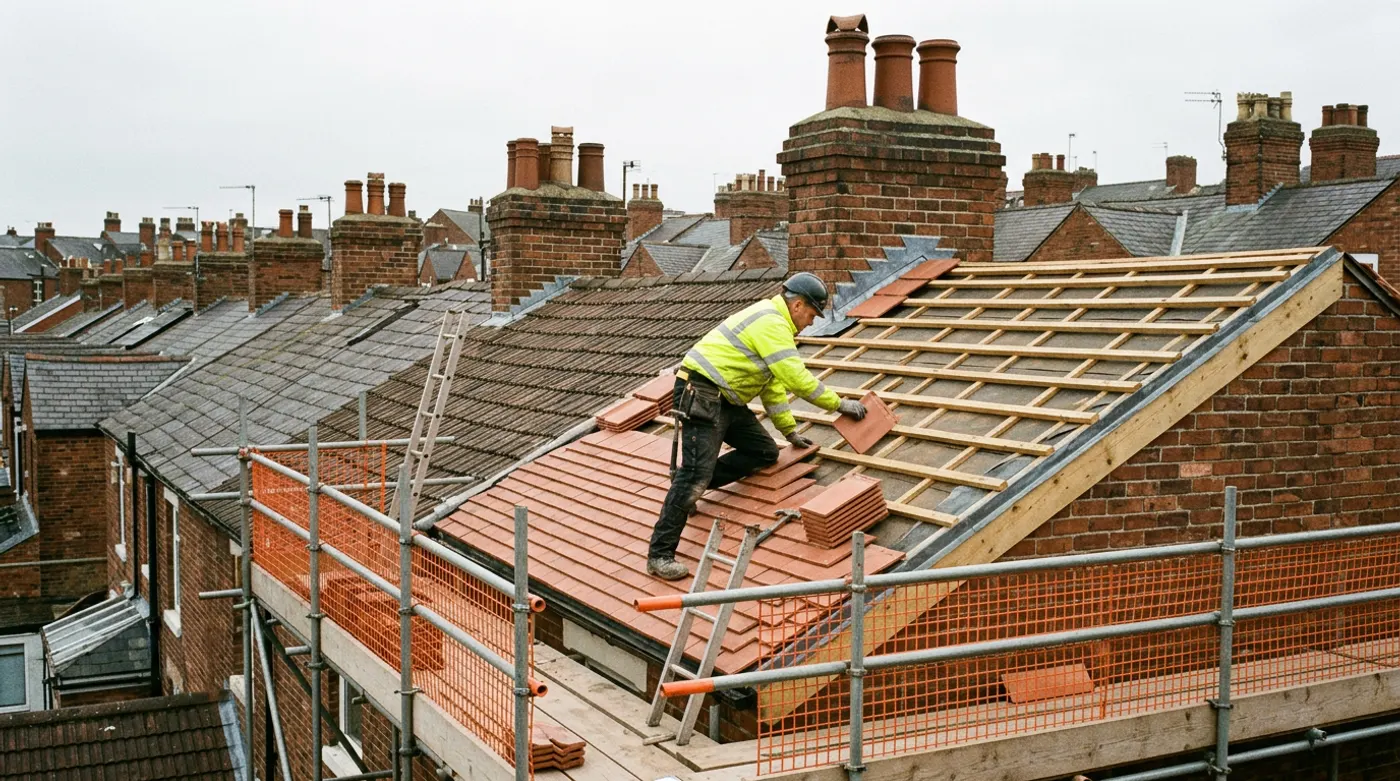 Roofer fitting new clay tiles on the pitched roof of a terraced house, with scaffolding along the eaves