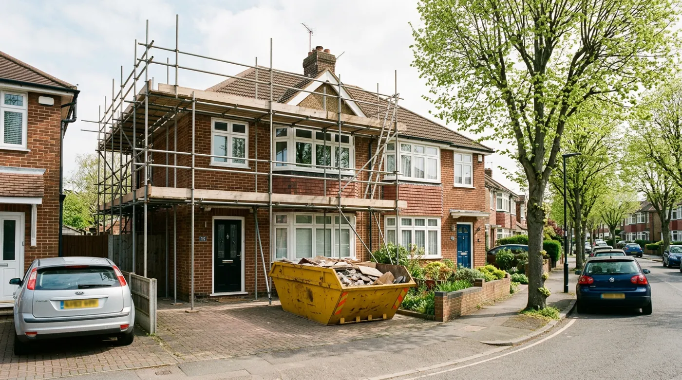 Scaffolding across the front of a semi-detached house with a plain yellow skip on the driveway