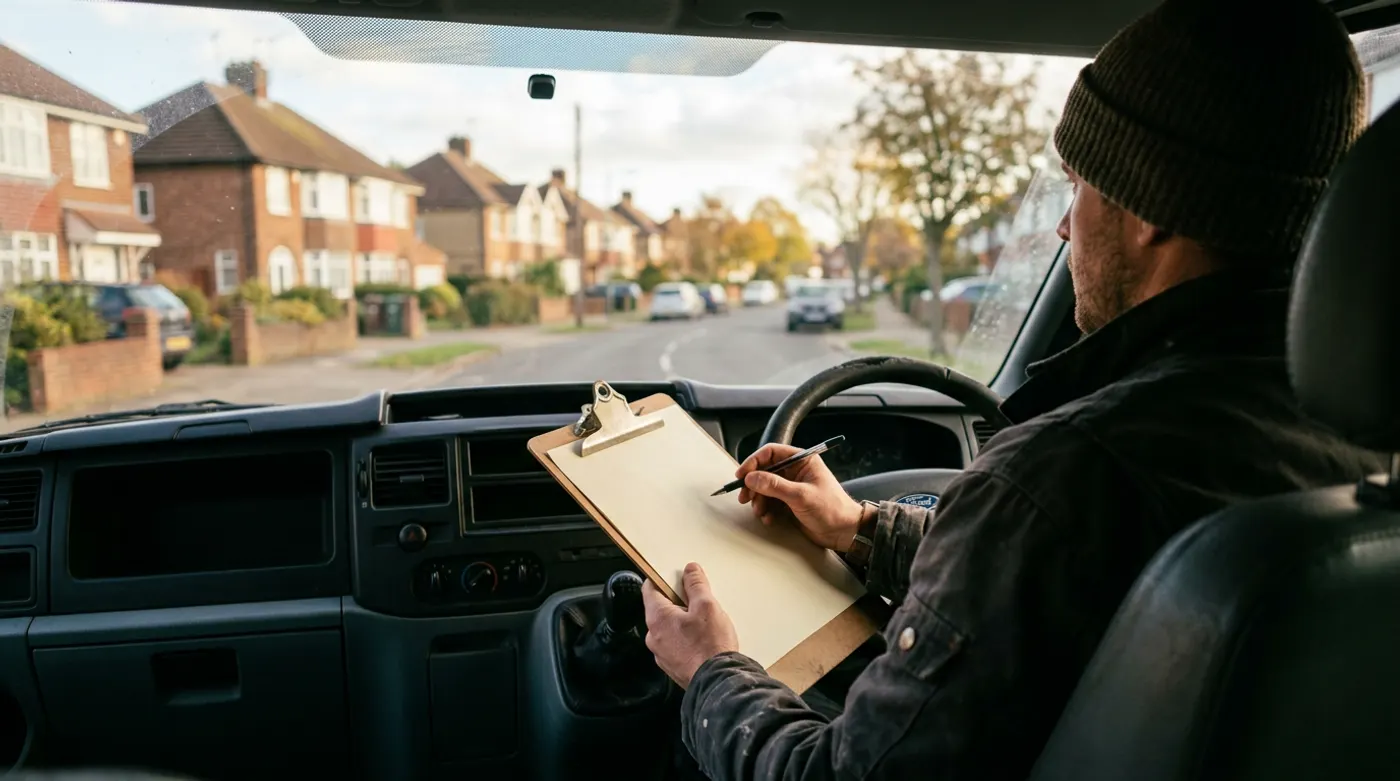 Tradesperson in the cab of a plain white van holding a clipboard, with a suburban street through the windscreen