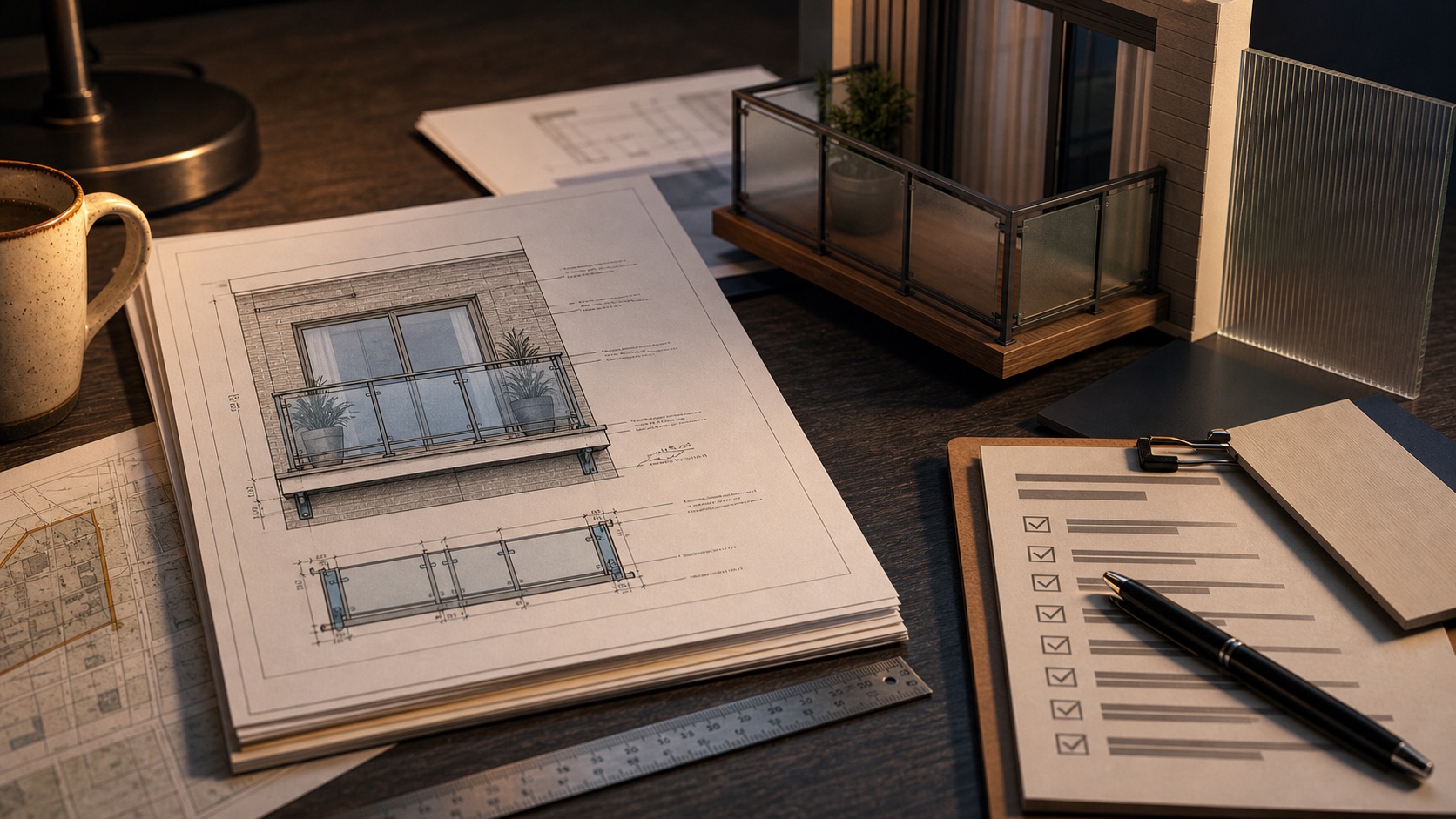 Dramatized illustration of balcony drawings and privacy screening samples