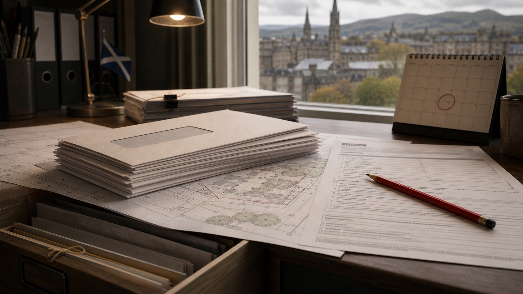 Dramatized illustration of prepared but unsent neighbour notification letters beside planning drawings