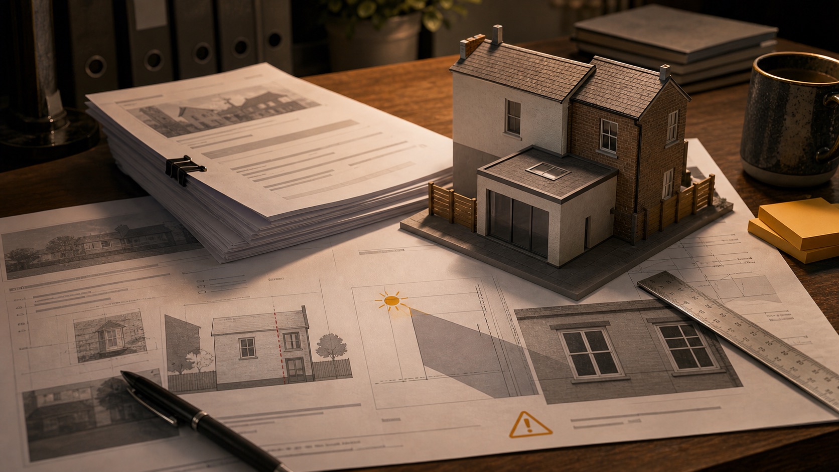 Dramatized illustration of extension plans, massing model and outlook diagram