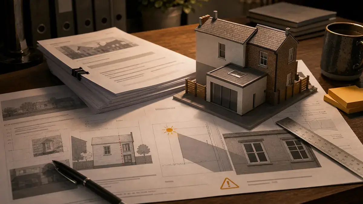 Dramatized illustration of extension plans, massing model and outlook diagram