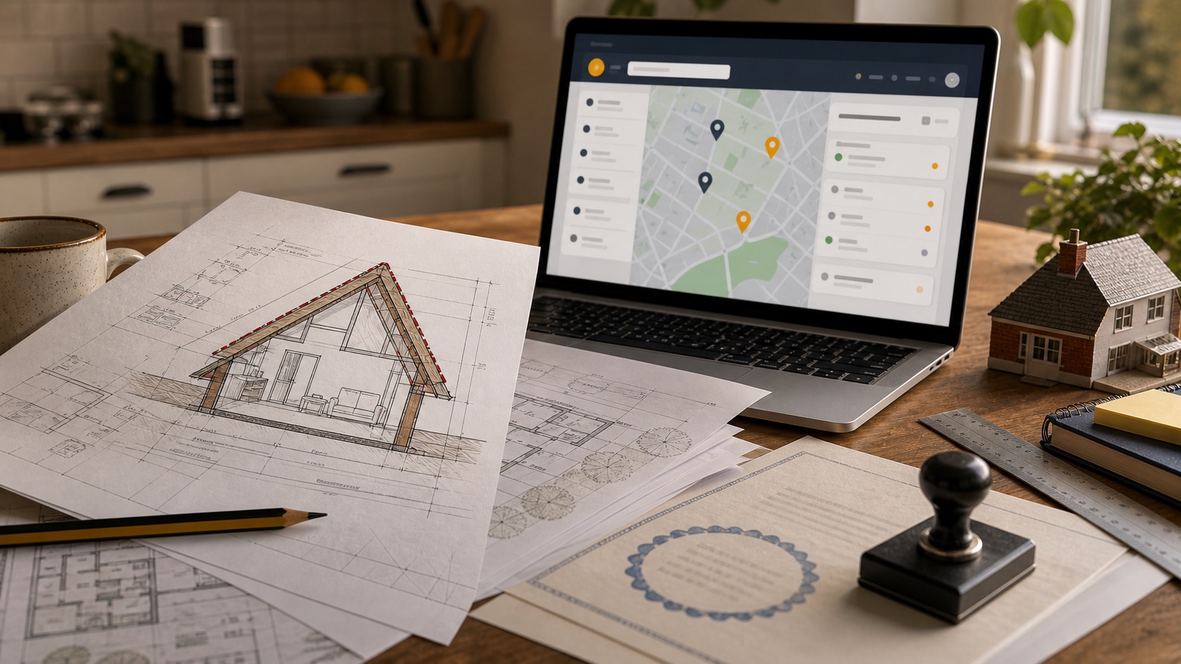 Dramatized illustration of loft drawings and an abstract planning portal