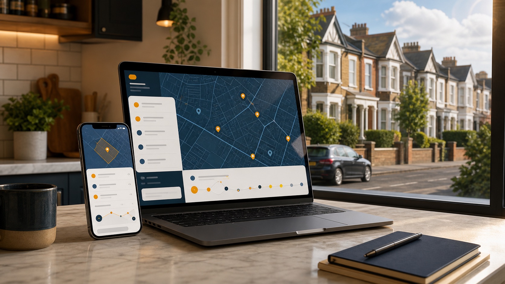 Dramatized illustration of a laptop and phone showing abstract planning application alerts on a residential map