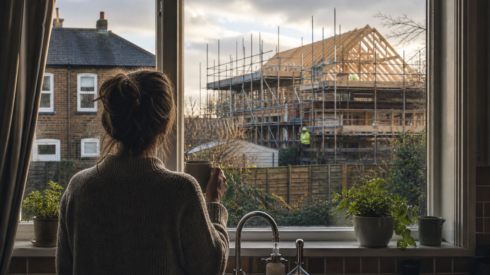Dramatized illustration of a resident seeing next-door construction through a kitchen window