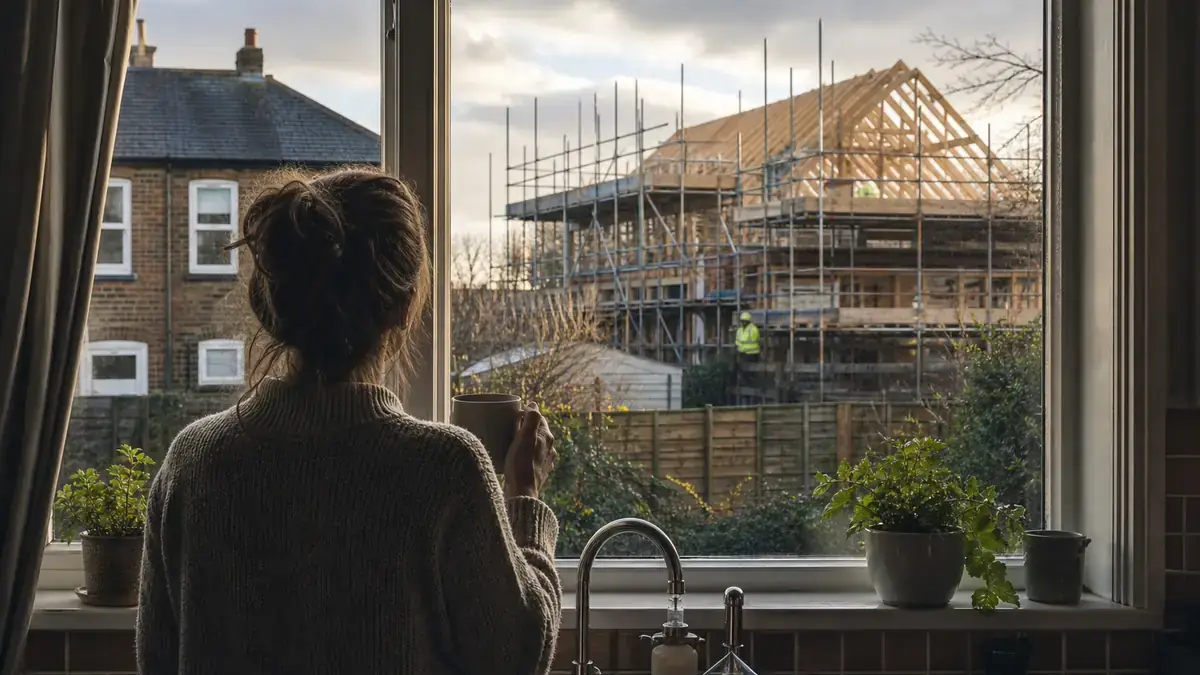 Dramatized illustration of a resident seeing next-door construction through a kitchen window