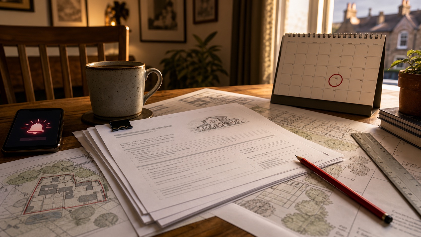 Dramatized illustration of planning drawings, a calendar deadline and a planning alert on a phone
