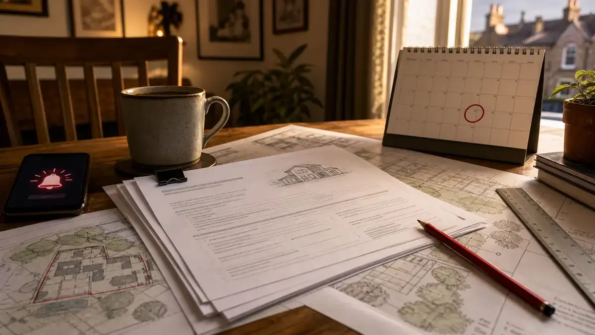 Dramatized illustration of planning drawings, a calendar deadline and a planning alert on a phone