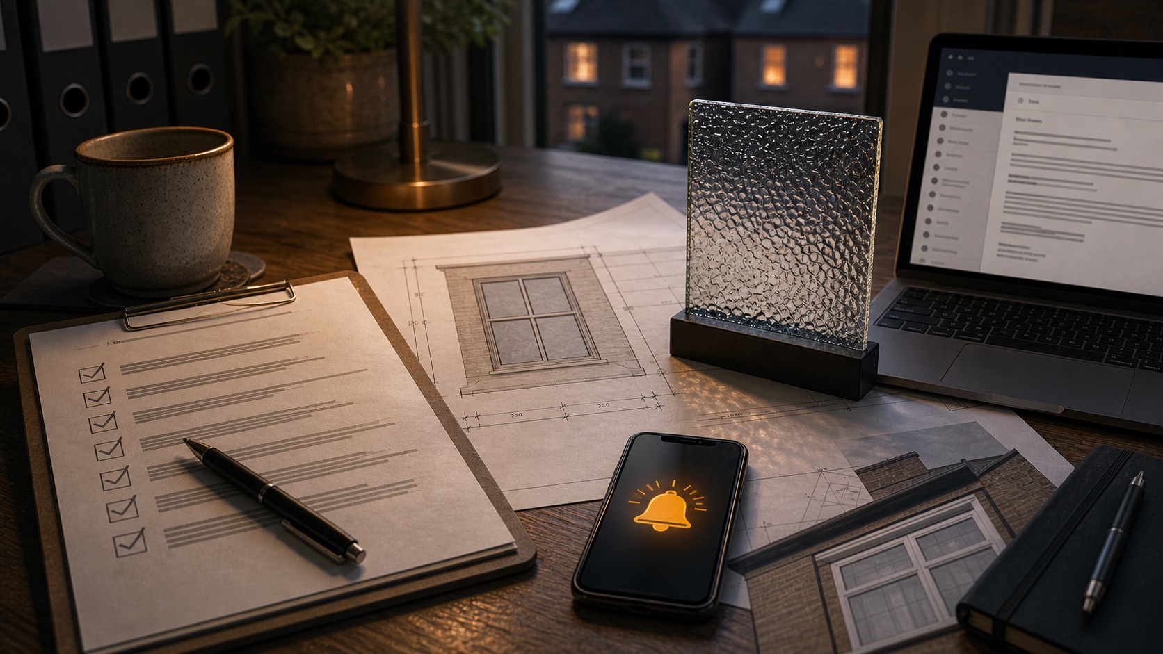 Dramatized illustration of obscure glass, window drawings and a planning condition checklist