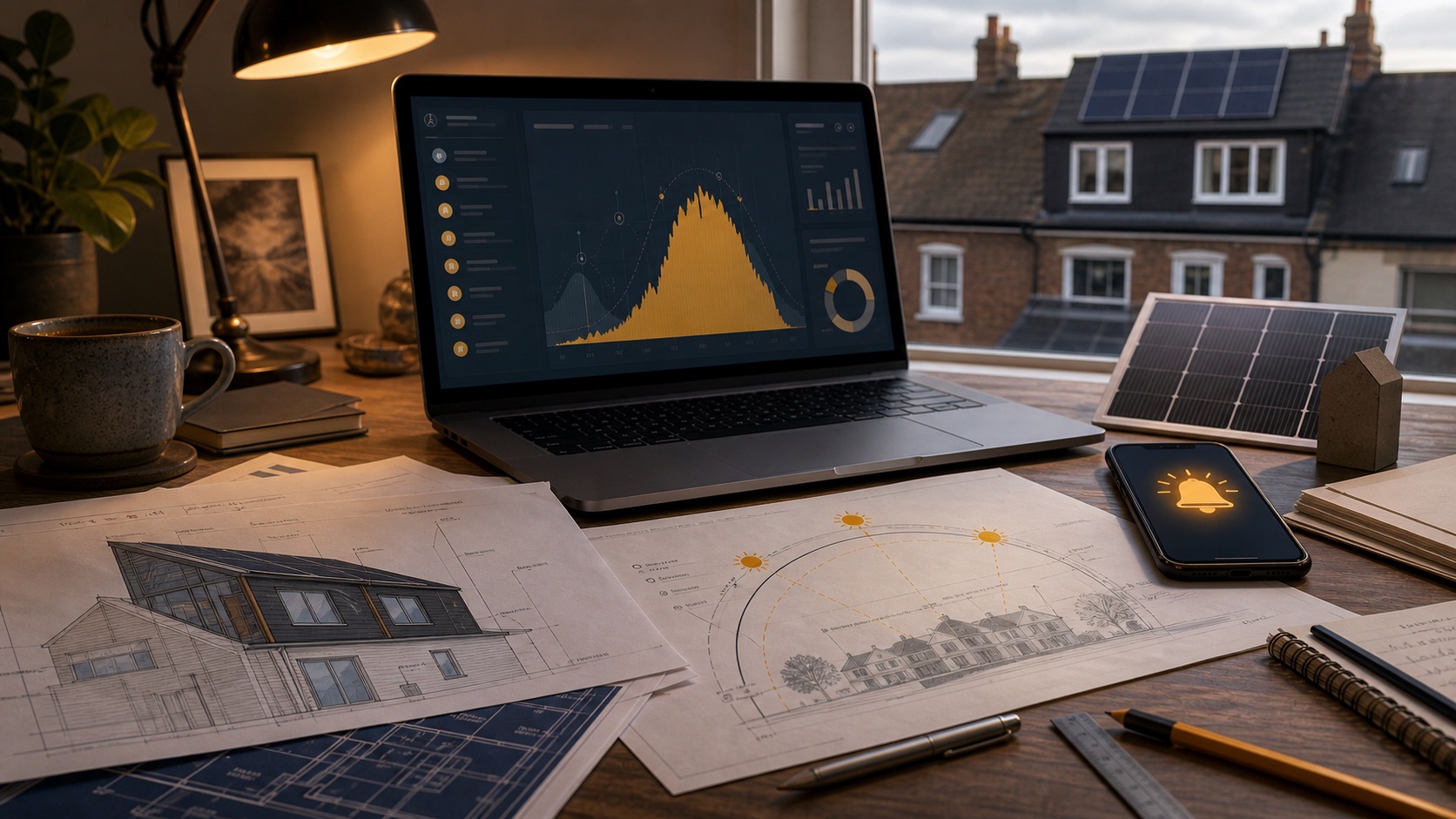 Dramatized illustration of solar generation charts, planning drawings and a sun path diagram