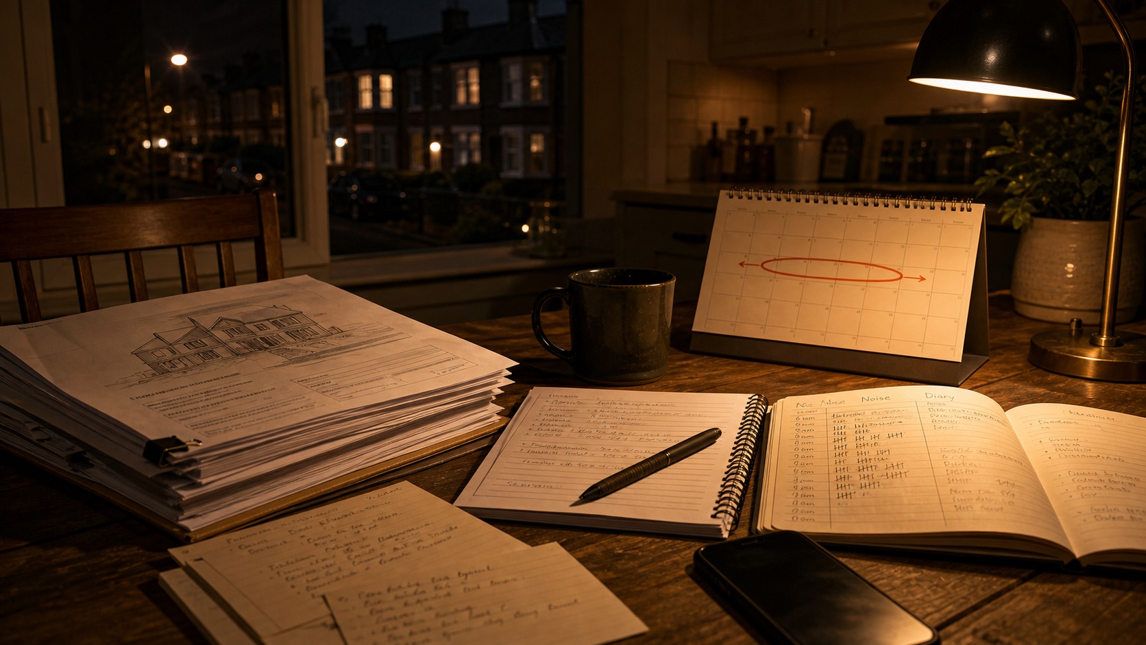 Dramatized illustration of planning documents, a noise diary and a consultation deadline