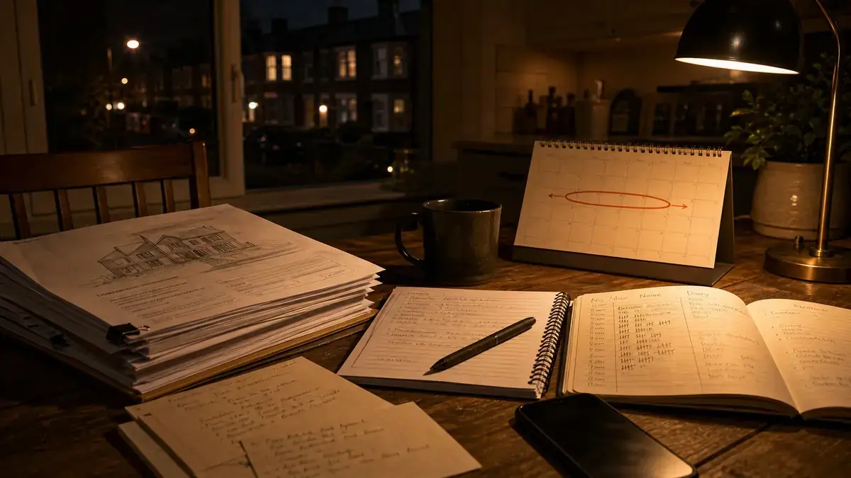 Dramatized illustration of planning documents, a noise diary and a consultation deadline